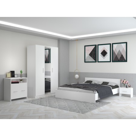 Dormitor Eva Alb Sifonier cu Oglinda si Pat cu 2 Noptiere Si Comoda