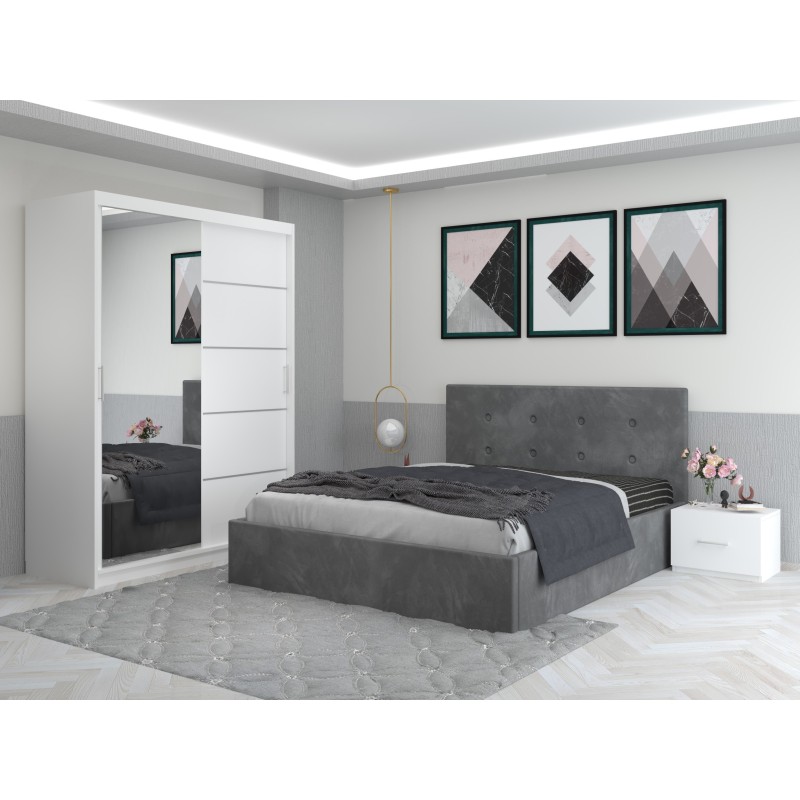 Dormitor Daniel Gri cu Dressing 150 si Pat Tapitat Cu 2 Noptiere