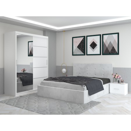 Dormitor Daniel Alb cu Dressing 150 si Pat Tapitat Cu 2 Noptiere