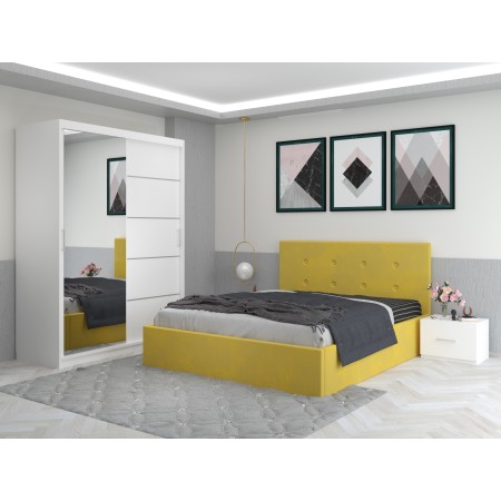Dormitor Daniel Galben cu Dressing 150 si Pat Tapitat Cu 2 Noptiere