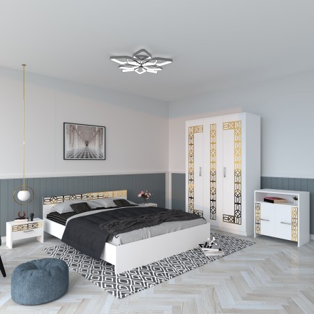 Dormitor EVA Gold Alb Dulap Pat cu 2 noptiere si Comoda