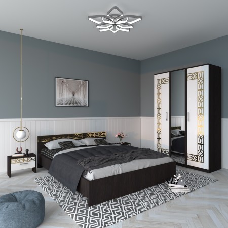 Dormitor EVA Gold Wenge Dulap Cu Oglinda si Pat cu 2 Noptiere