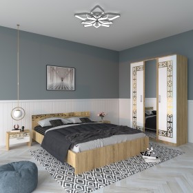 Dormitor EVA Gold Sonoma Dulap Cu Oglinda si Pat cu 2 Noptiere