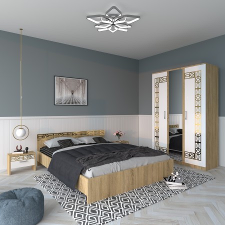 Dormitor EVA Gold Sonoma Dulap Cu Oglinda si Pat cu 2 Noptiere