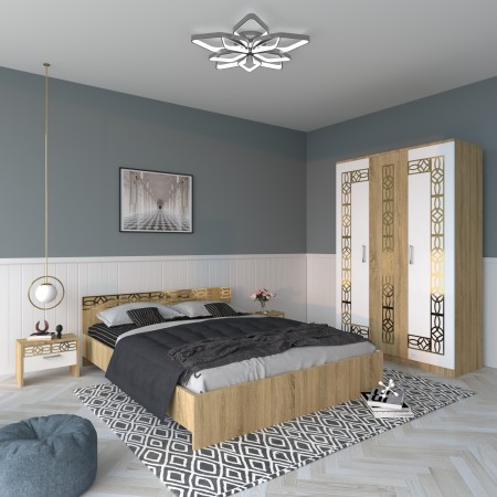Dormitor EVA Gold Sonoma Dulap si Pat cu 2 Noptiere