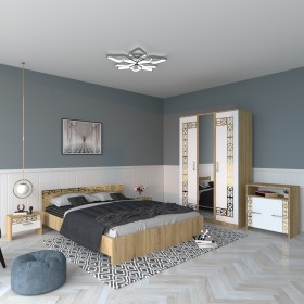 Dormitor EVA Gold Sonoma Dulap cu Oglinda Pat cu 2 noptiere si Comoda