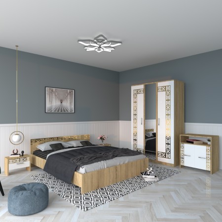 Dormitor EVA Gold Sonoma Dulap cu Oglinda Pat cu 2 noptiere si Comoda