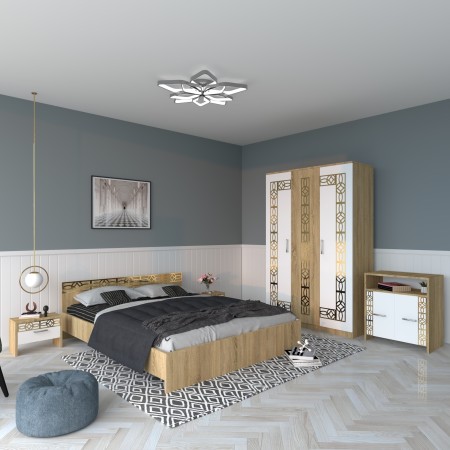 Dormitor EVA Gold Sonoma Dulap Pat cu 2 noptiere si Comoda