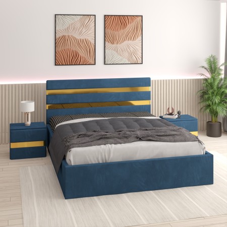 Pat Tapitat ATENA Albastru Cu Noptiere Tapitate